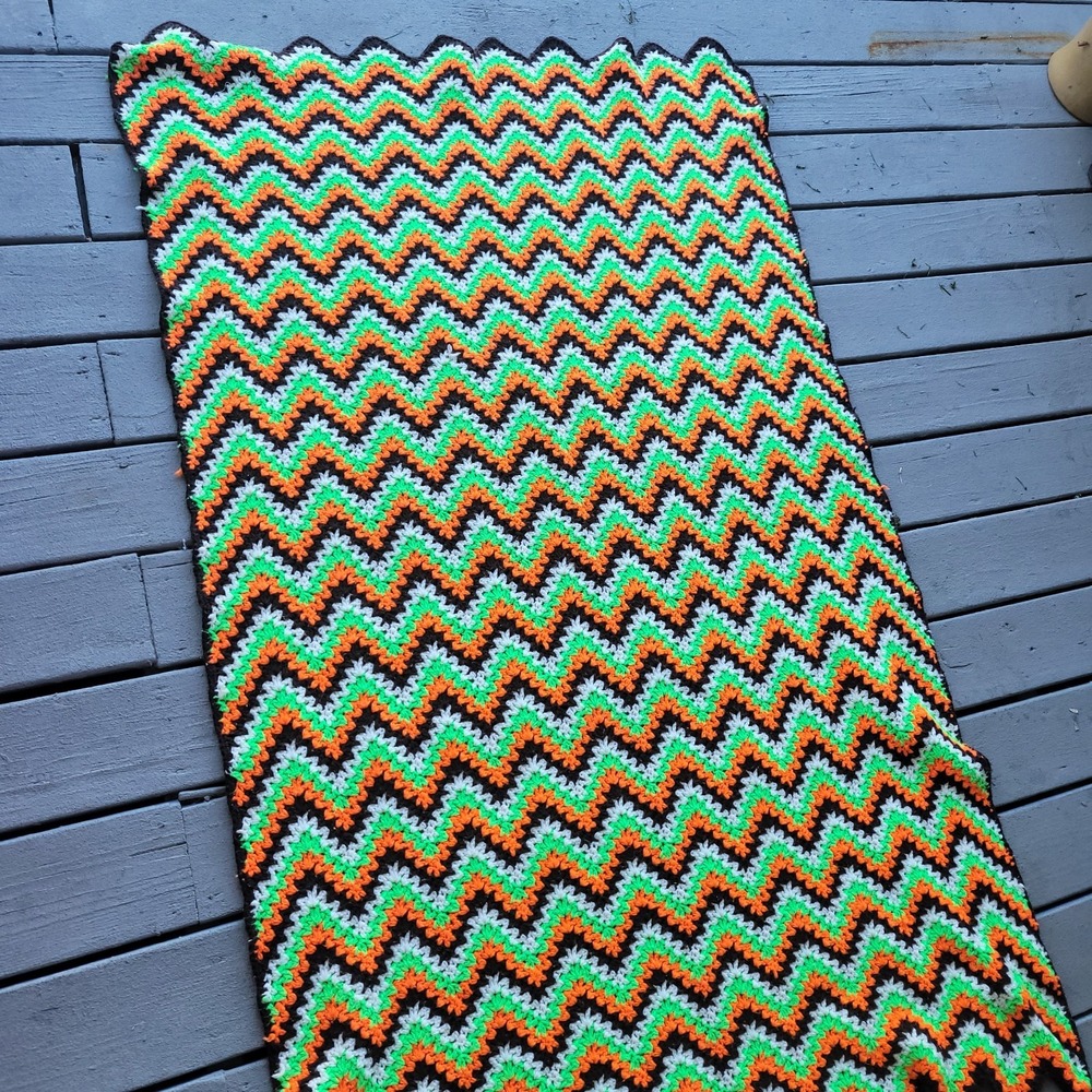 Vintage and Handmade Crochet Afghan Throw Blanket Orange Green Brown 48 x 68